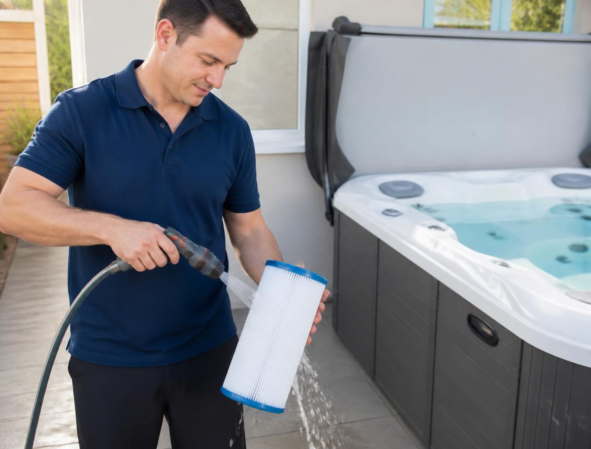 Hot tub filter cartridge removed during a spa repair diagnosis in Westchester County